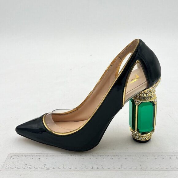 FSJ Shoes - FSJ Black Clear Pointed Toe Chunky High Heel Crystal Pump Wedding Dress Shoes